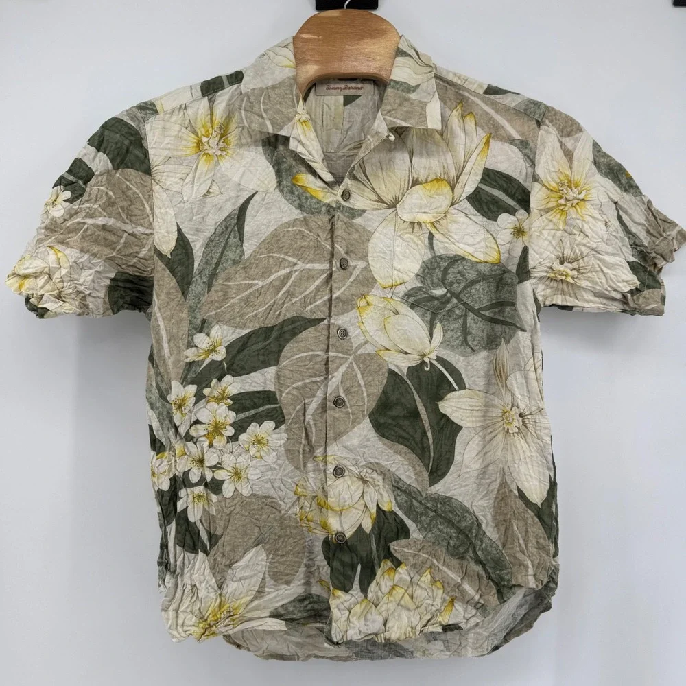 Tommy Bahama Silk Floral Shirt Men Large Green Tan Botanical Camp Aloha Hawaiian